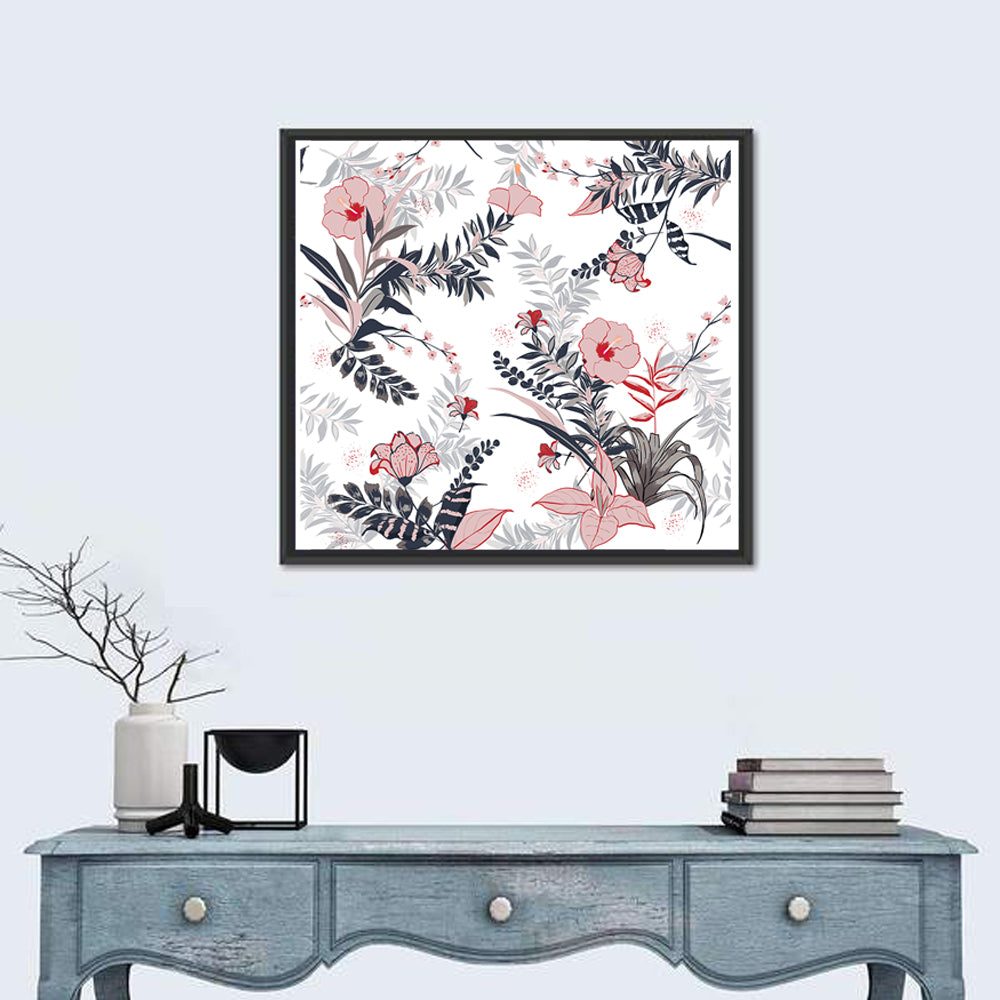 Tropical Hibiscus Pattern Wall Art in a room, square