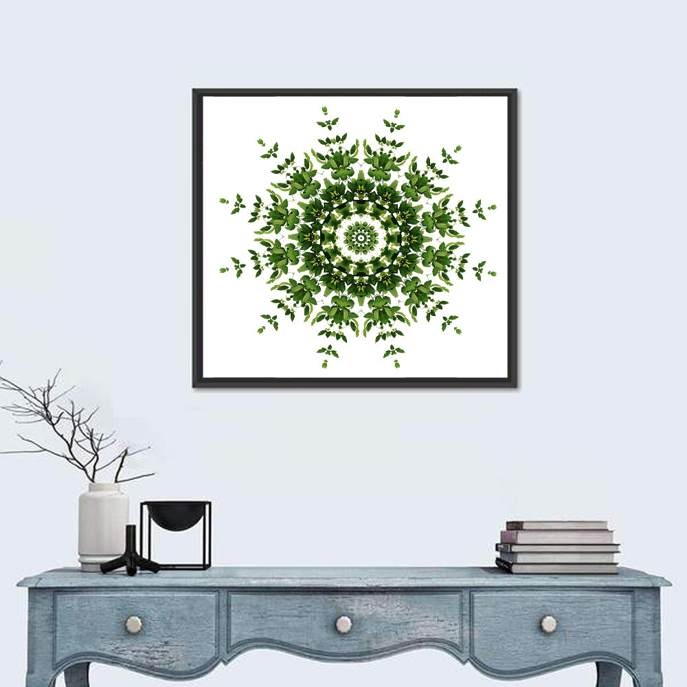 Botanical Green Leaf Mandala Wall Art in a room, square