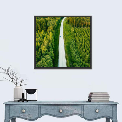 Blue Car on Forest Road Wall Art