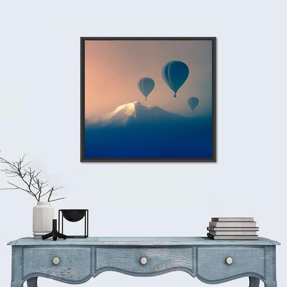 Three Hot Air Balloons Over Misty Peak Wall Art