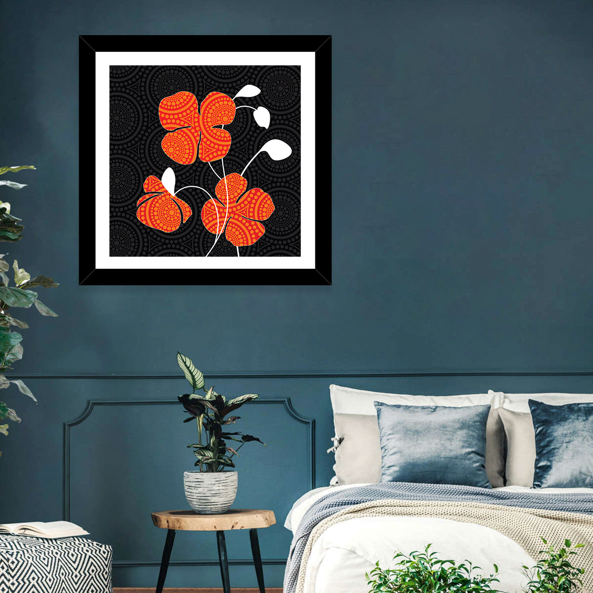 Black and Orange Poppy Illustration Wall Art in a room, square