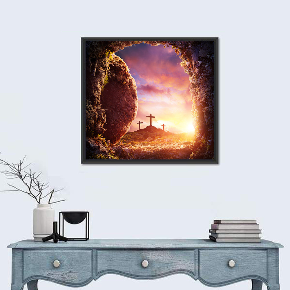 Three Crosses at Sunrise Wall Art in a room, square