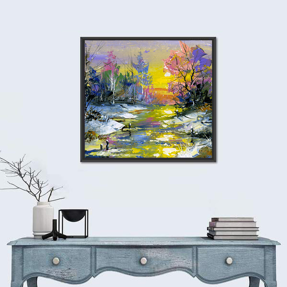 Golden Sunset Over Snowy Stream Wall Art