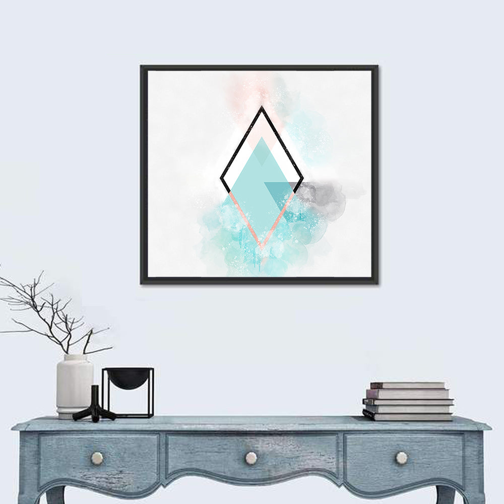 Teal Diamond Minimalist Geometry Wall Art in a room, square