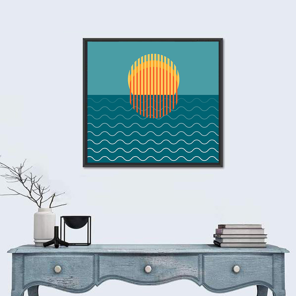 Teal Ocean Sunset Illustration Wall Art