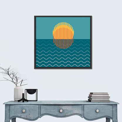 Teal Ocean Sunset Illustration Wall Art