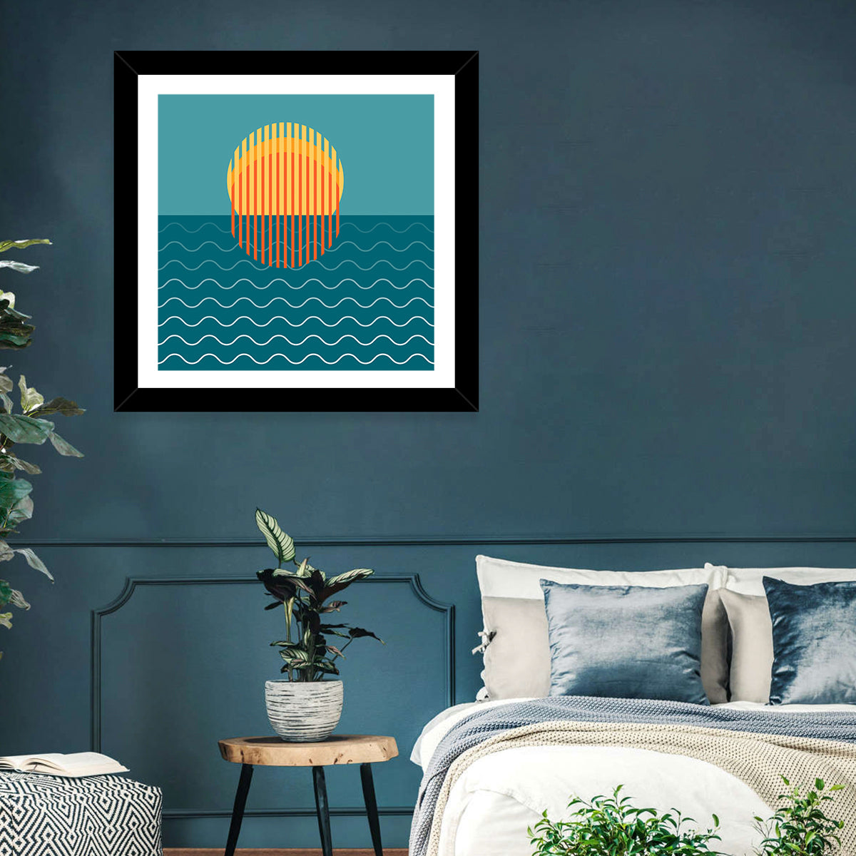 Teal Ocean Sunset Illustration Wall Art