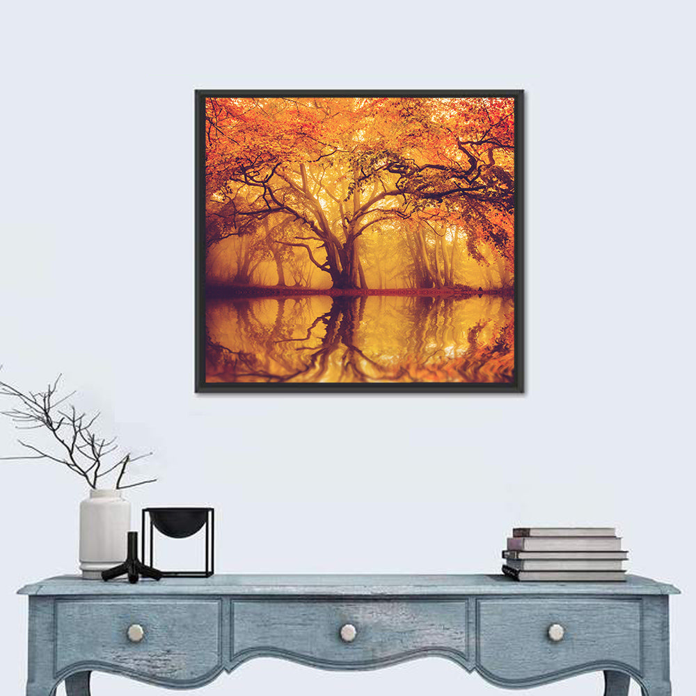 Golden Mist Forest Reflection Wall Art