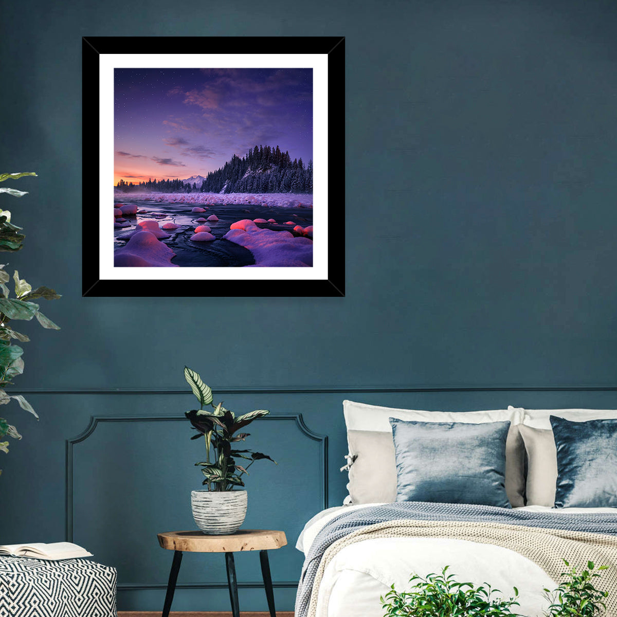 Twilight River and Snowy Pines Wall Art