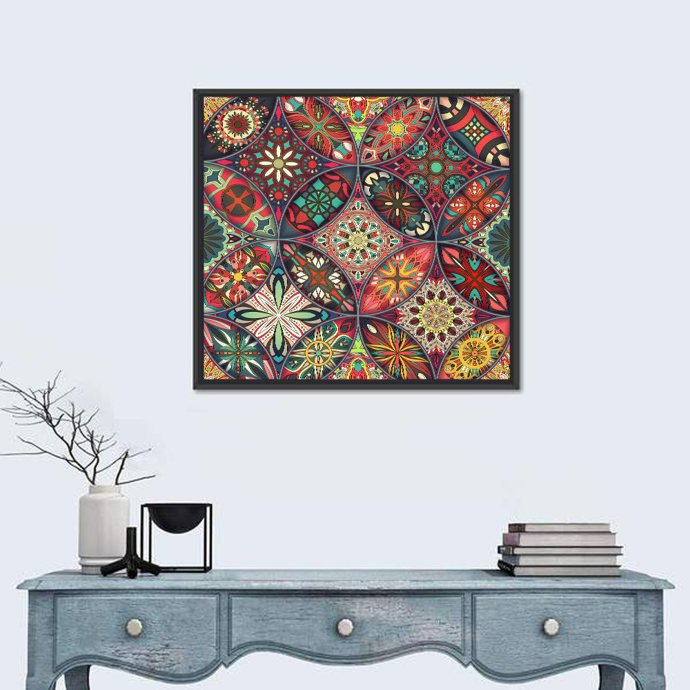 Vintage Mandala Tile Pattern Wall Art in a room, square