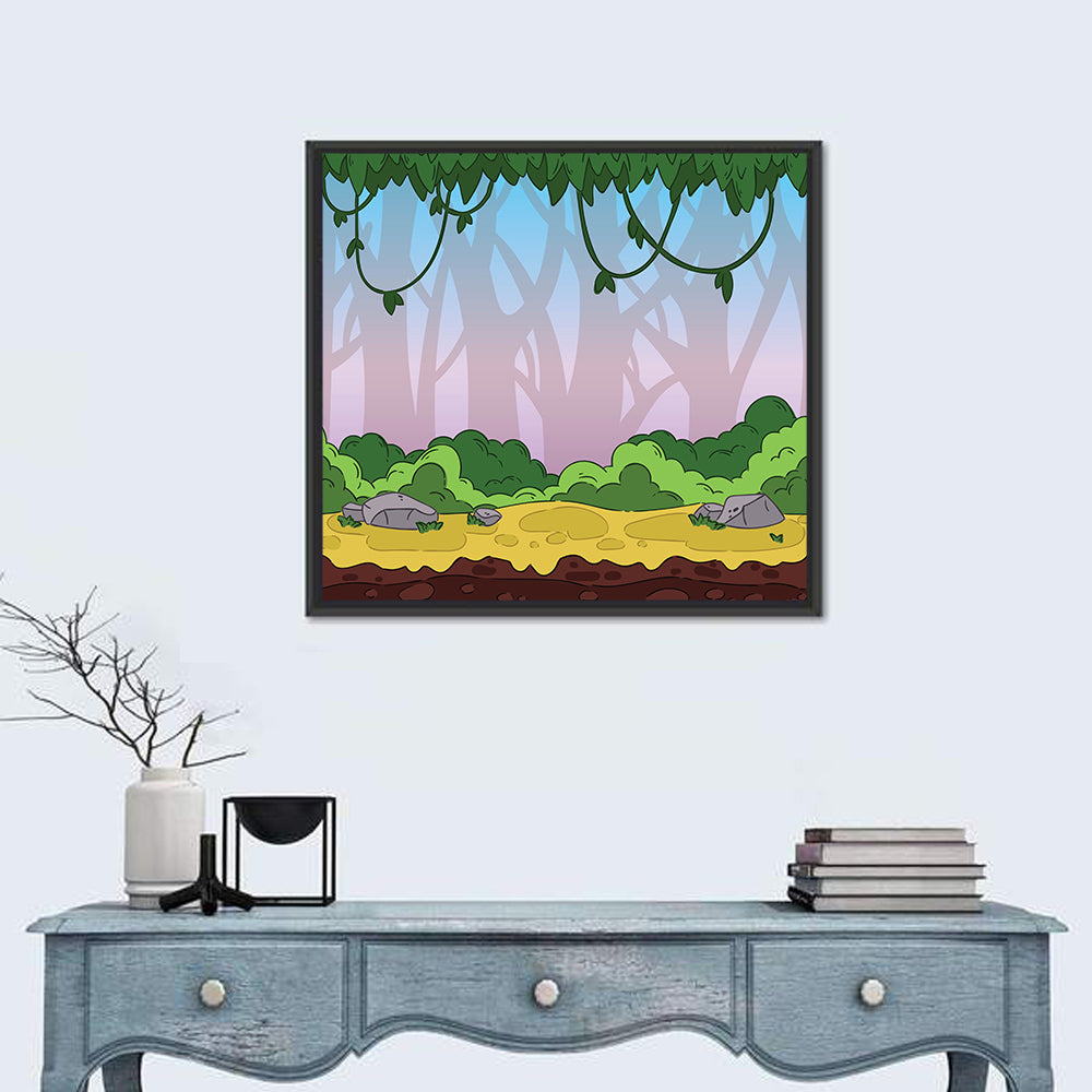 Playful Jungle Path Illustration Wall Art in a room, square