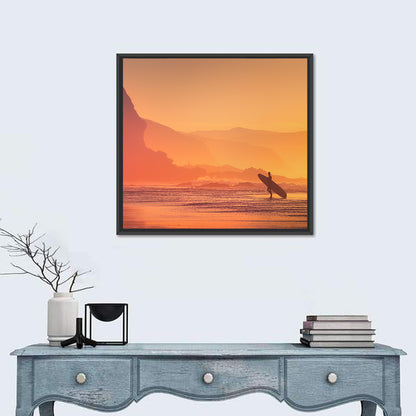 Surfer Silhouette at Golden Sunset Wall Art