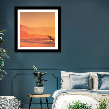 Surfer Silhouette at Golden Sunset Wall Art