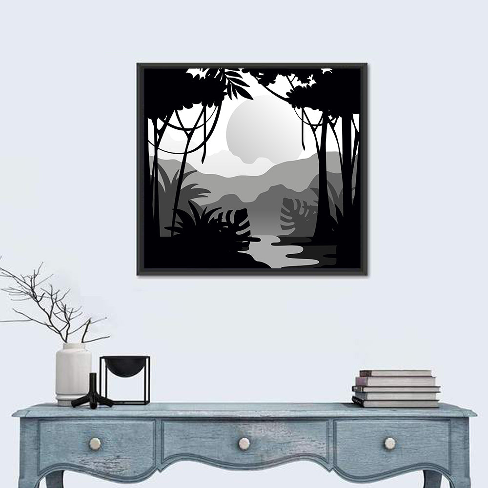 Tropical Jungle Silhouette Wall Art in a room, square
