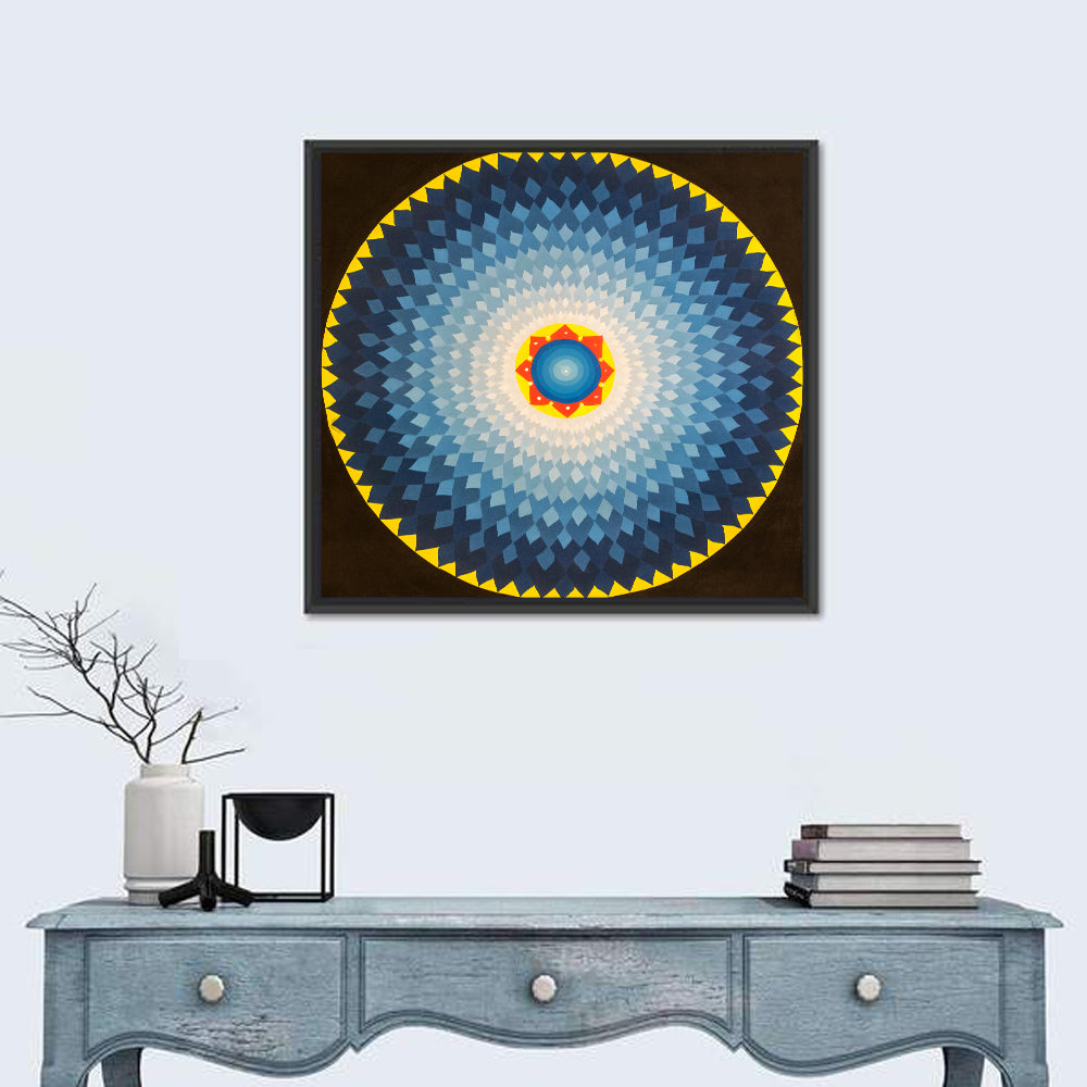 Radiant Blue Sunburst Mandala Wall Art in a room, square