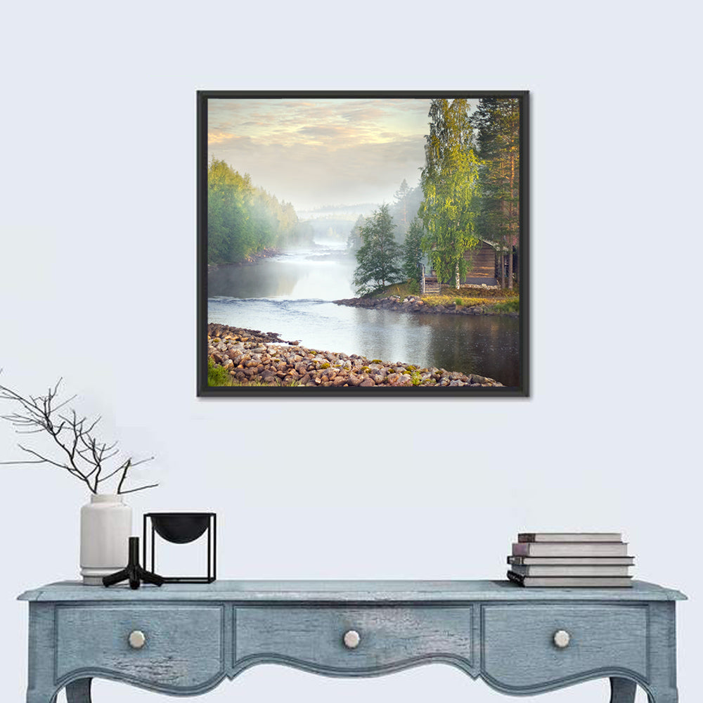 Misty River with Red Roof Cabin Wall Art