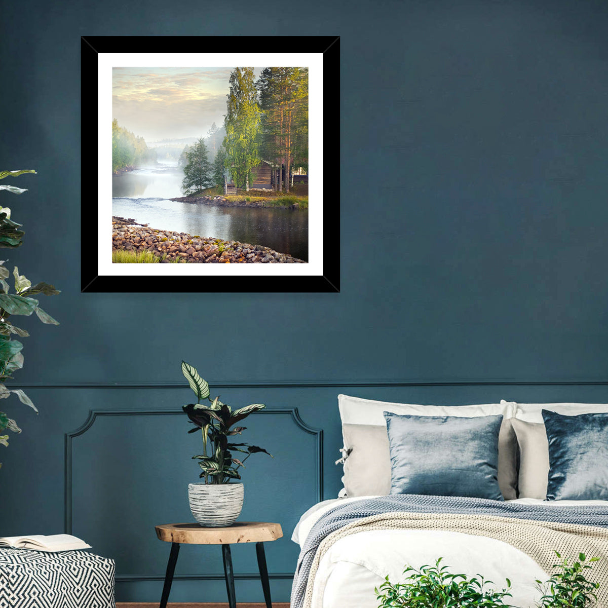 Misty River with Red Roof Cabin Wall Art
