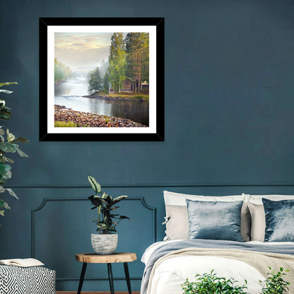 Misty River with Red Roof Cabin Wall Art
