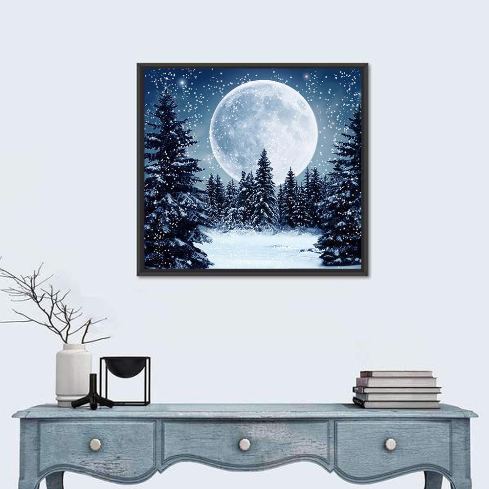 Full Moon Over Snowy Pines Wall Art in a room, square