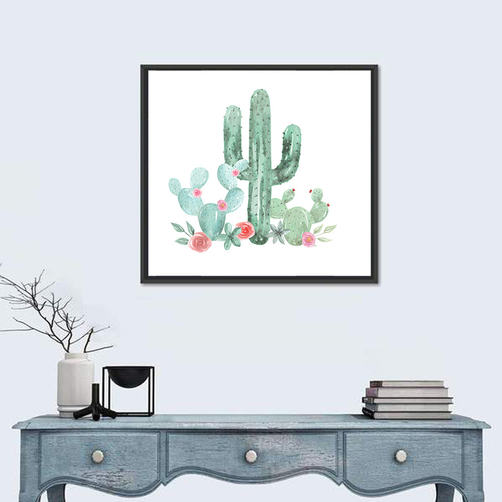 Watercolor Cactus Bouquet Wall Art in a room, square
