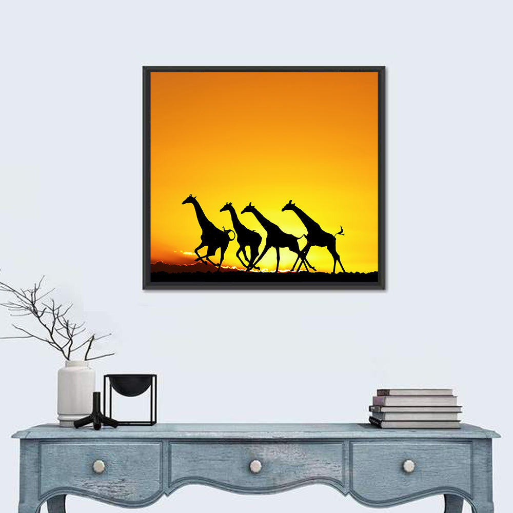 Savanna Giraffes at Sunset Wall Art in a room, square