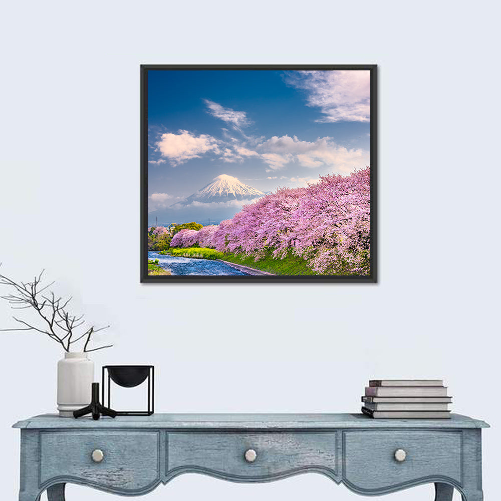 Mount Fuji Cherry Blossoms Wall Art in a room, square
