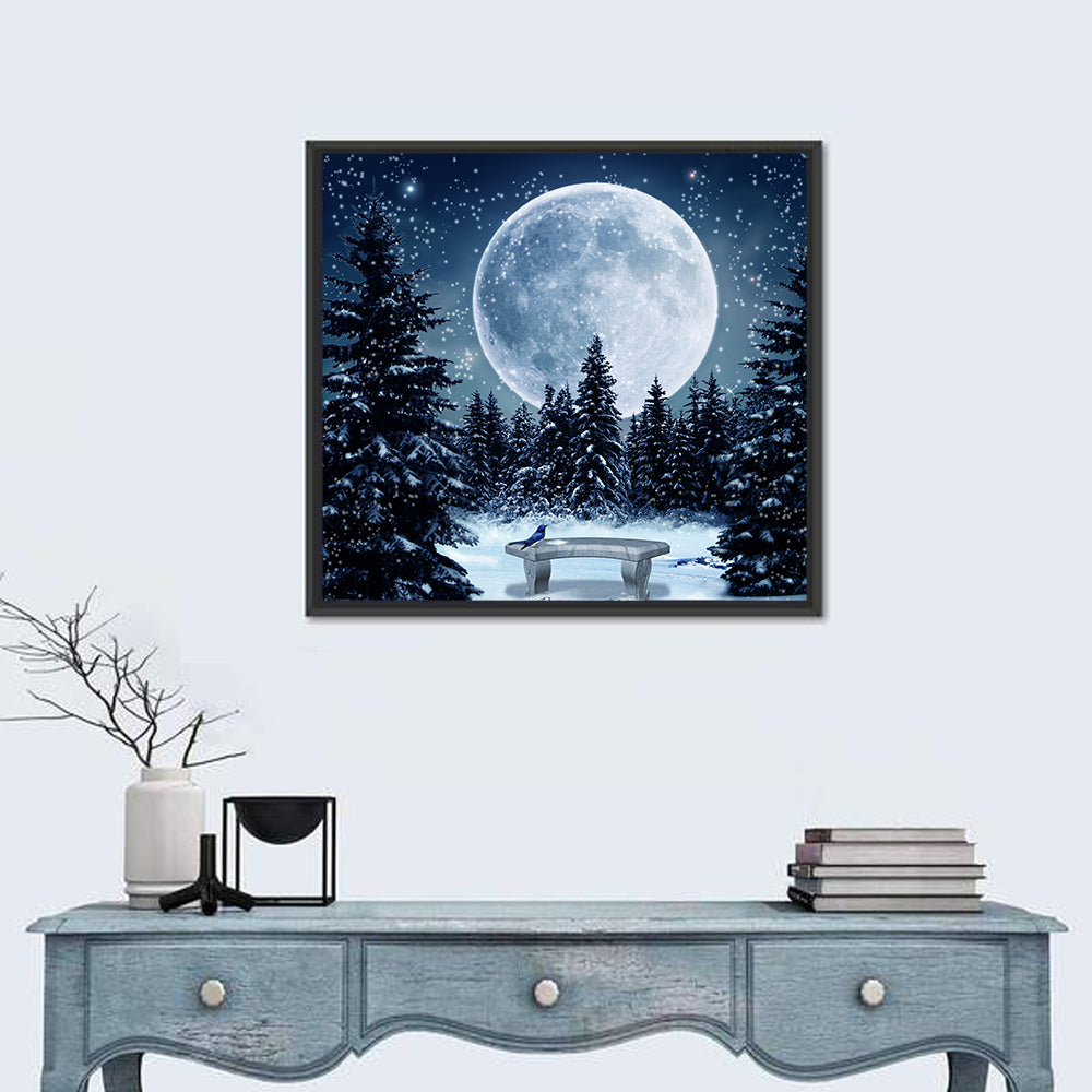 Full Moon Over Snowy Pines Wall Art in a room, square