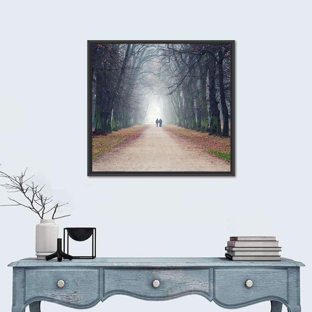 Foggy Tree Lined Walkway in Autumn Wall Art