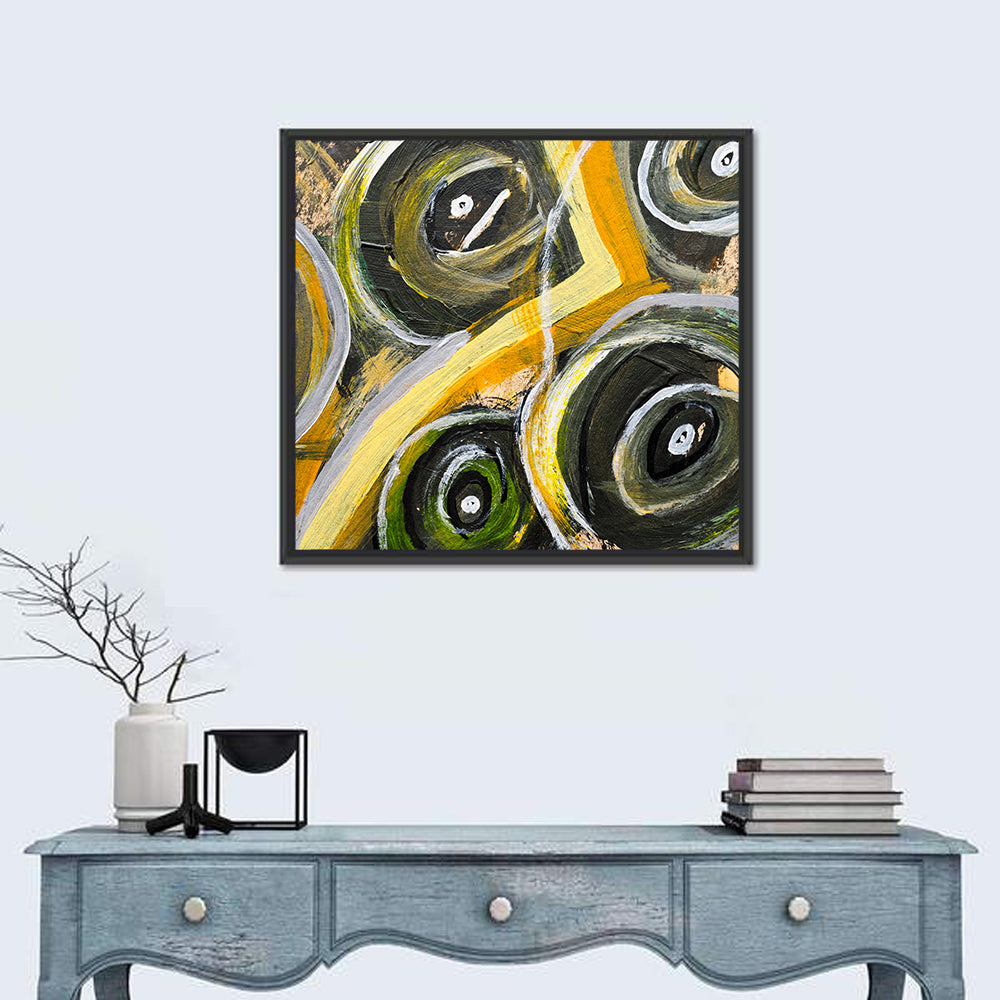 Impasto Swirl Circles in Yellow and Black Wall Art