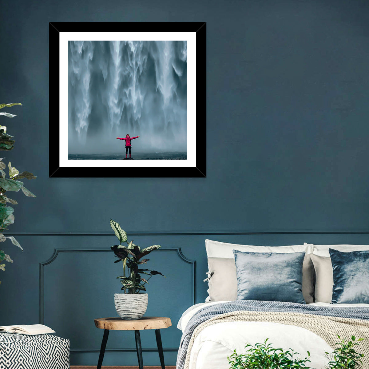 Skogafoss Waterfall with Figure in Pink Wall Art