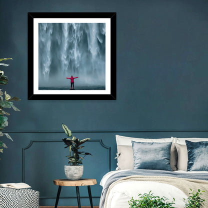 Skogafoss Waterfall with Figure in Pink Wall Art