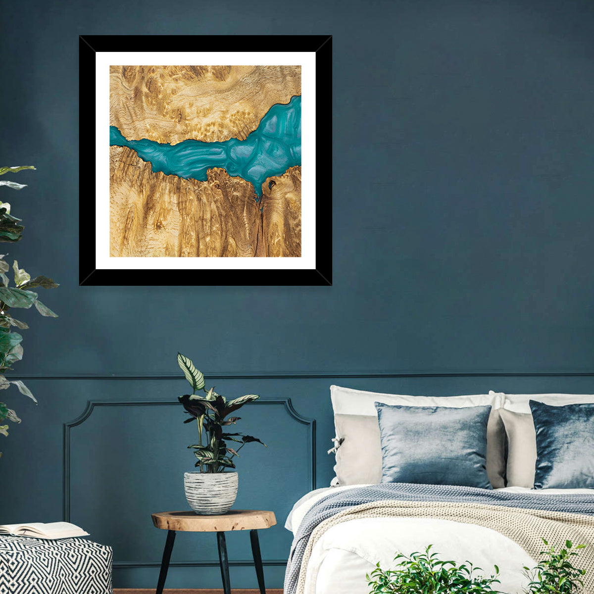 Burled Wood River with Teal Resin Wall Art