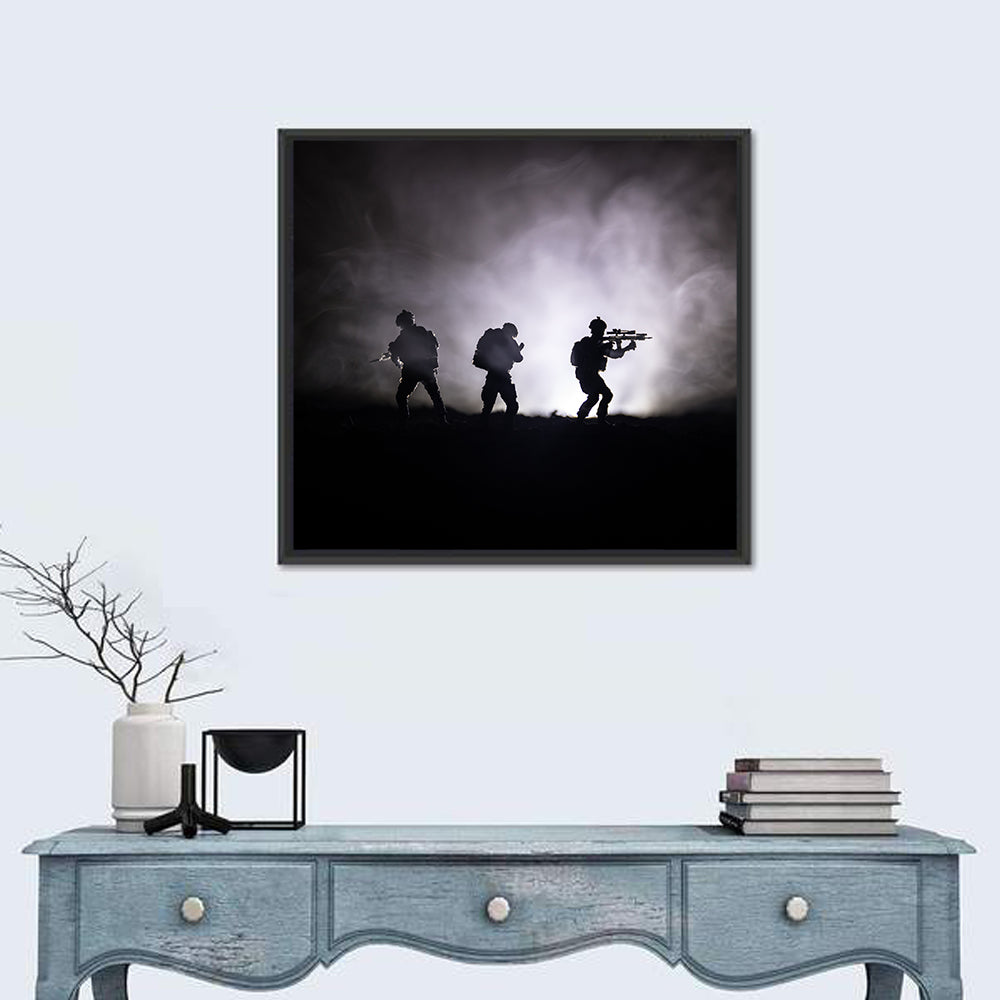 Three Soldiers Silhouette in Fog Wall Art