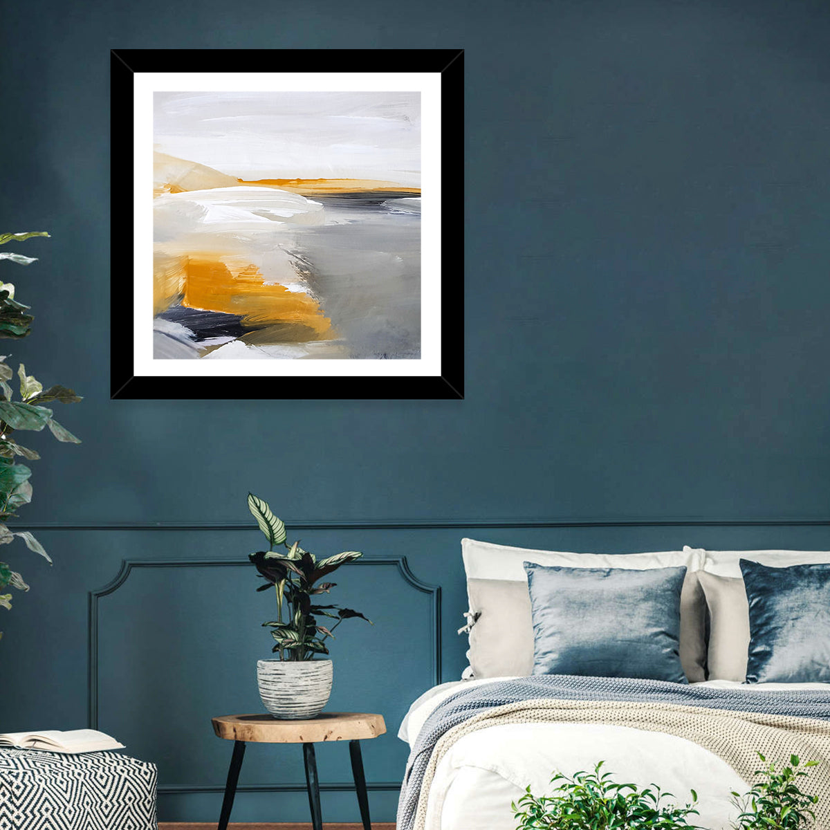 White Coastal Abstract Landscape Wall Art in a room, square