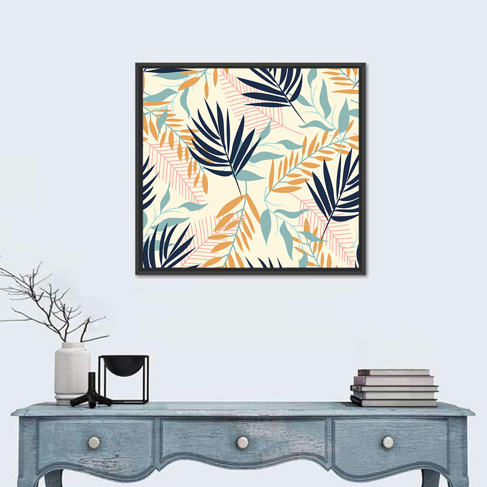 Cream and Navy Summer Leaves Pattern Wall Art