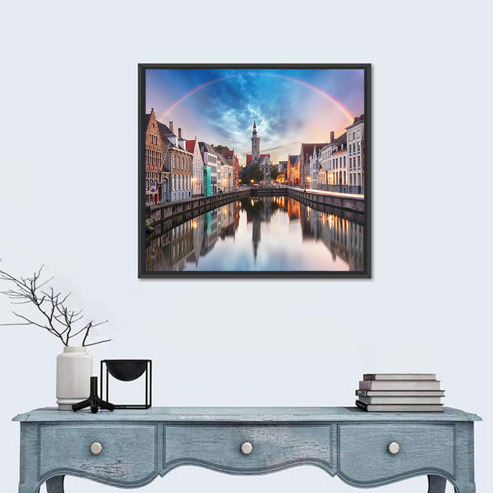 Bruges Twilight Rainbow Over Spiegelrei Canal Wall Art in a room, square