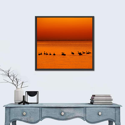 Geese Silhouettes at Orange Sunset Wall Art