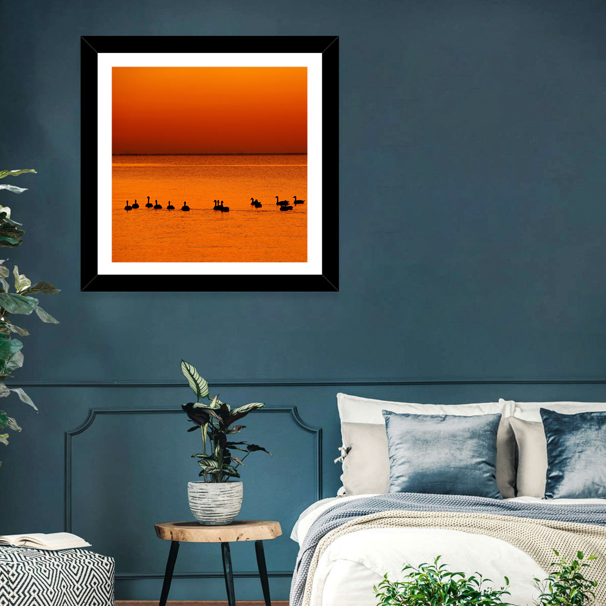 Geese Silhouettes at Orange Sunset Wall Art