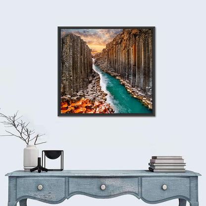 Stuðlagil Canyon Basalt Columns at Golden Hour Wall Art