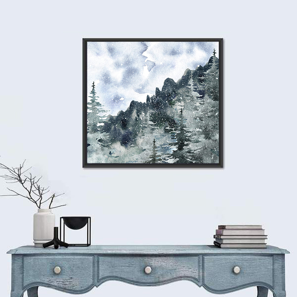 Snowfall Mountain Forest Illustration Wall Art