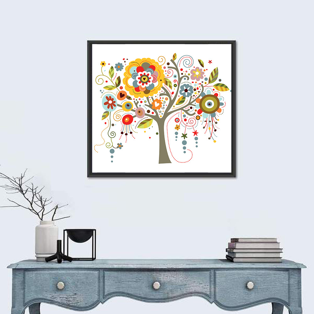 Whimsical Floral Tree Illustration Wall Art in a room, square