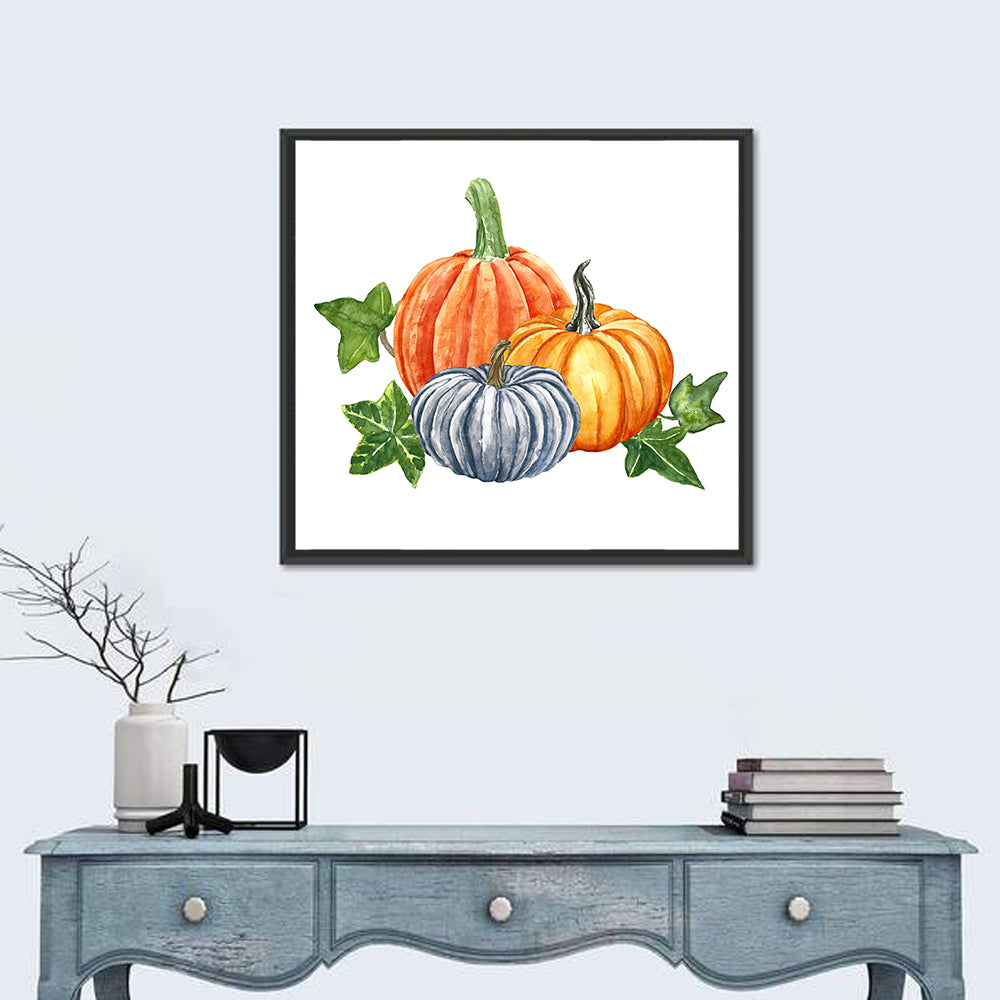 Festive Pumpkin Trio Watercolor Wall Art in a room, square