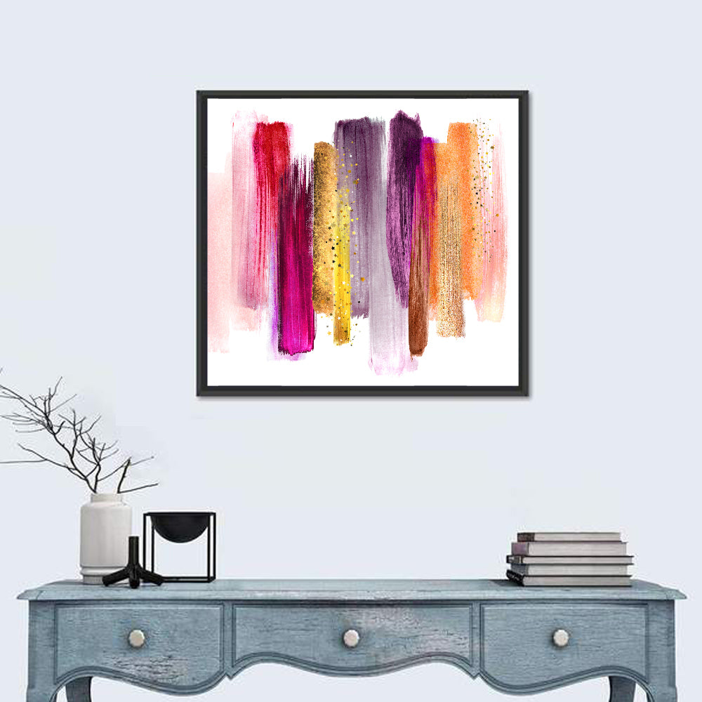 Fuchsia and Gold Brush Strokes Wall Art in a room, square
