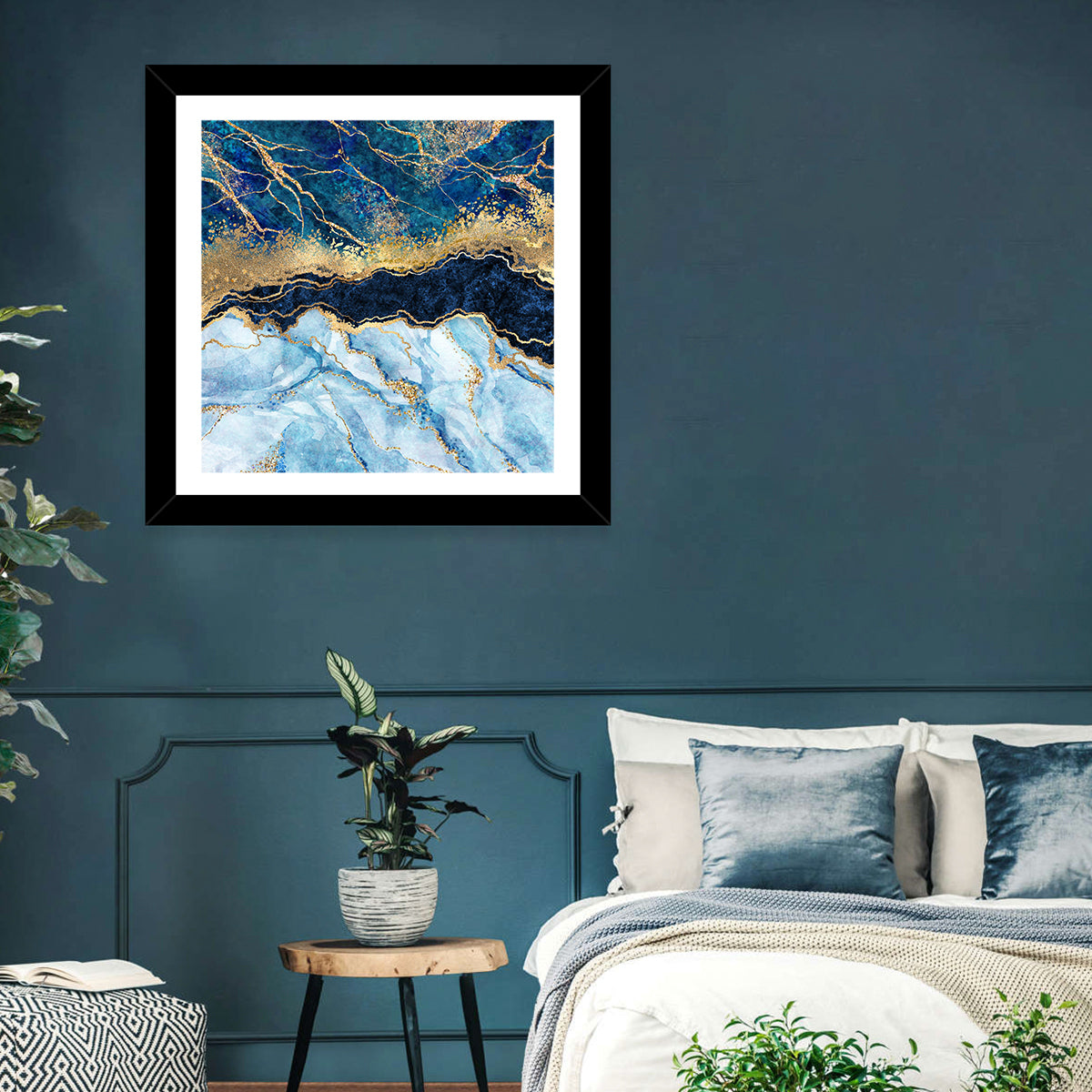 Navy Blue Marble with Gold Veins Wall Art