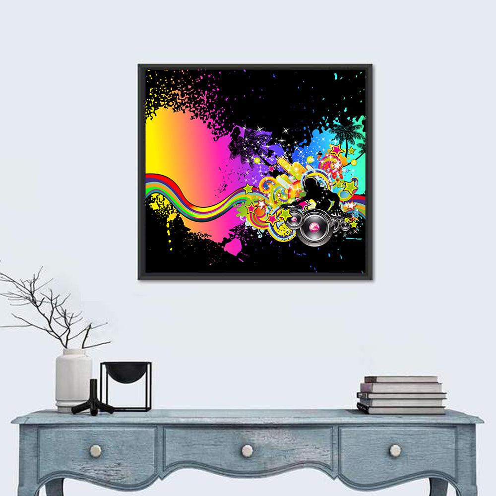 Neon Dj Silhouette Wall Art in a room, square