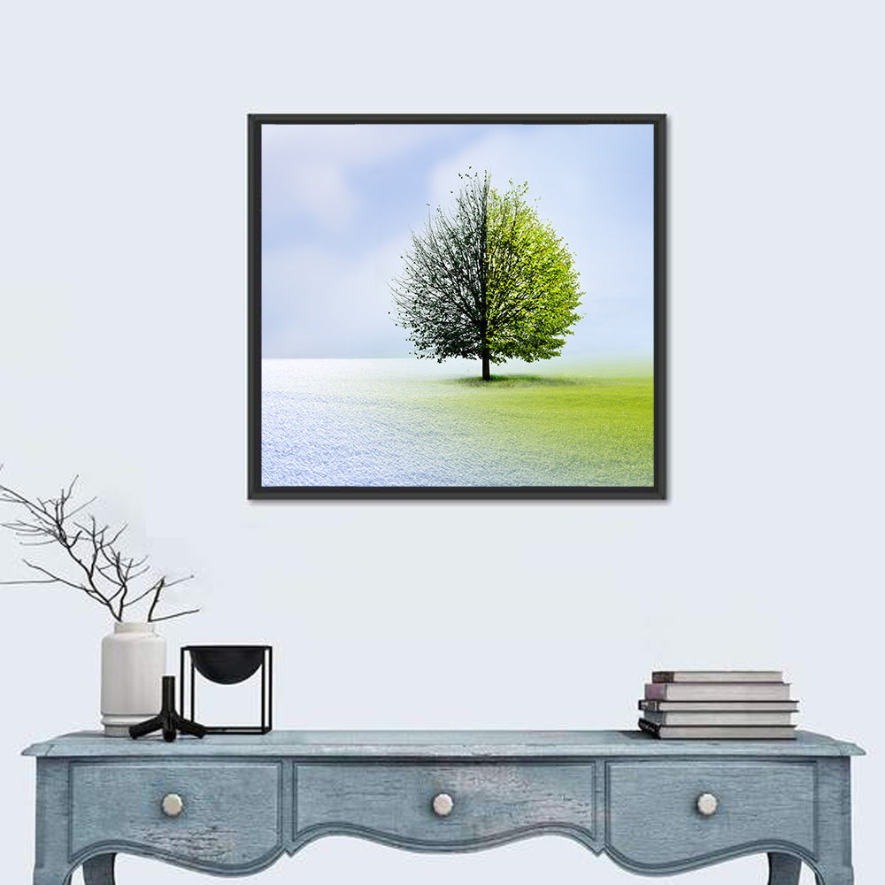 Winter to Spring Tree Wall Art in a room, square