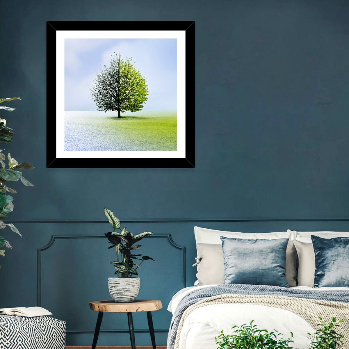 Winter to Spring Tree Wall Art in a room, square