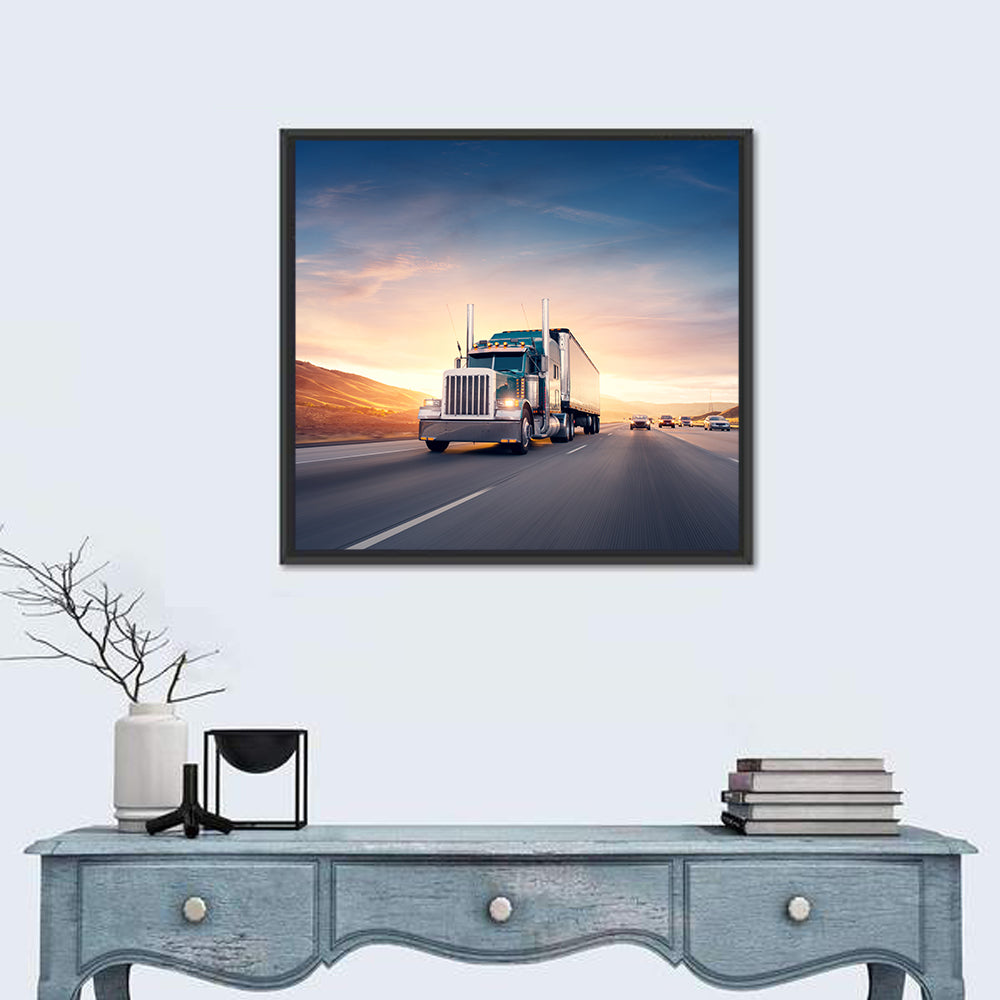 Semi Truck Highway Sunset Wall Art