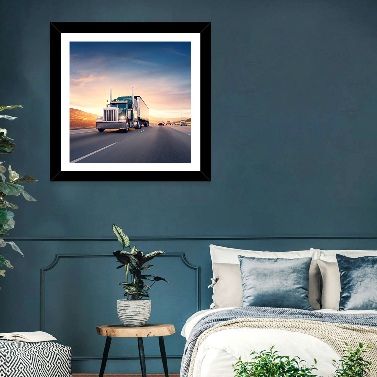 Semi Truck Highway Sunset Wall Art