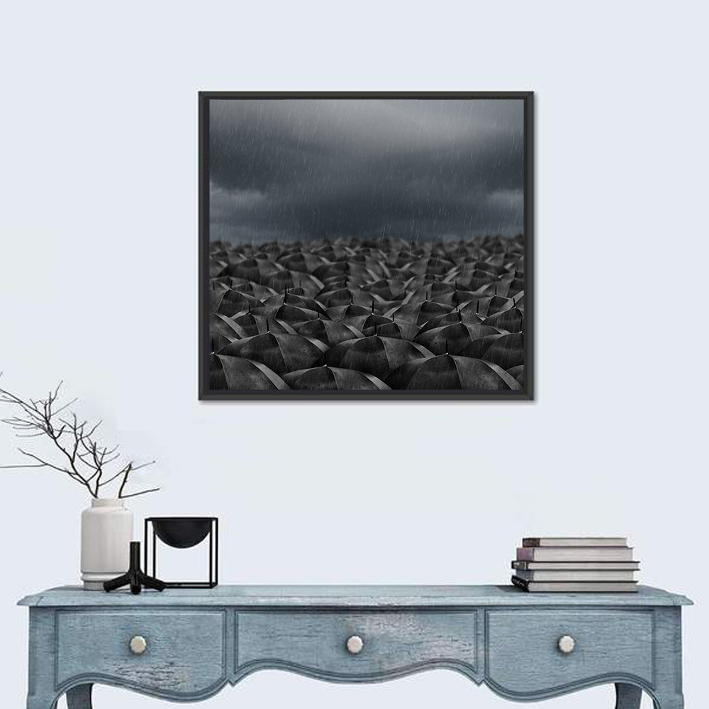 Clustered Umbrellas in Rain Wall Art